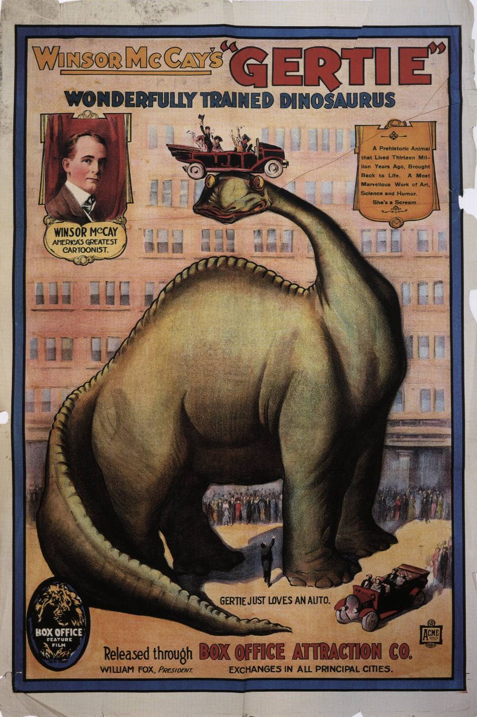 A frame from Winsor McCay's Gertie the Dinosaur, 1914.