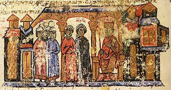 A depiction of a Byzantine imperial court receiving foreign envoys with elaborate ceremony.