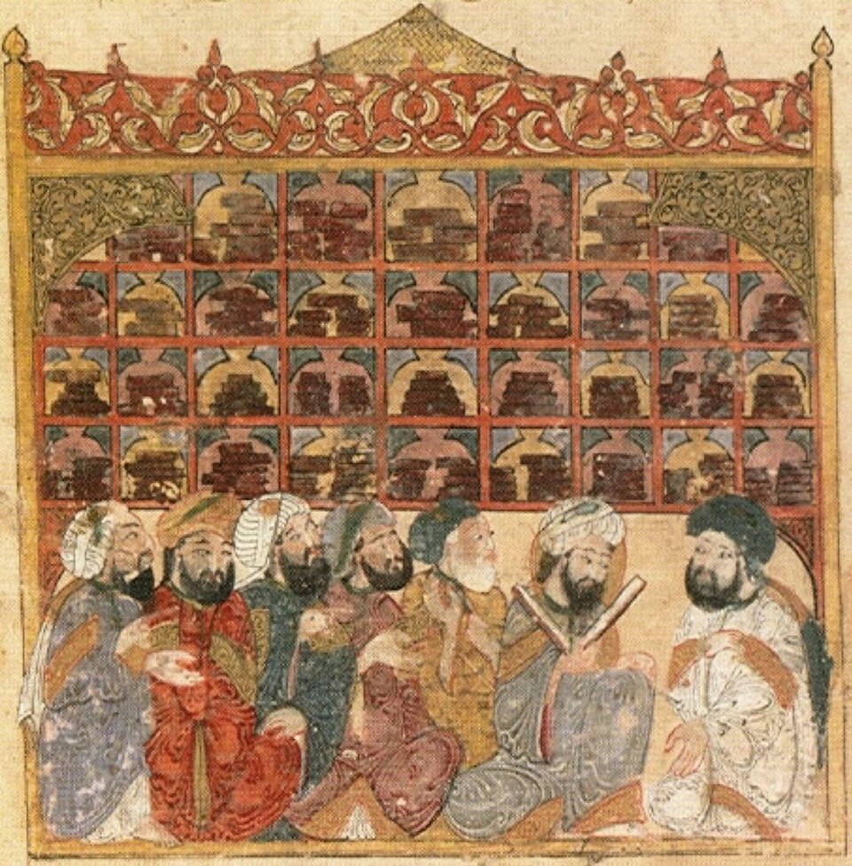 Medieval illustration of scholars at an Abbasid library, associated with Baghdad's House of Wisdom.
