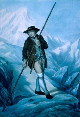 Monument to Jacques Balmat in Chamonix, pointing toward Mont Blanc.